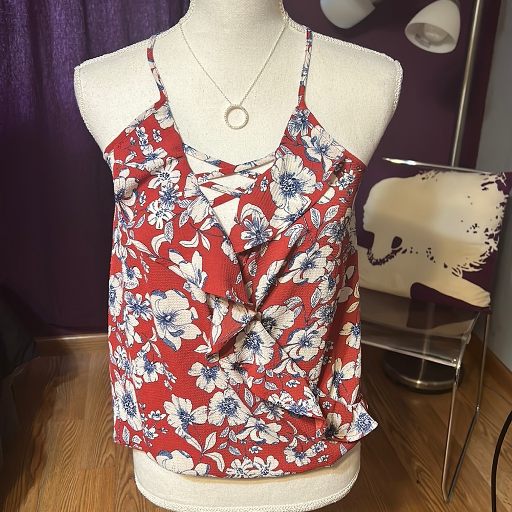 Blousy wrap top, sz S, red, white and blue